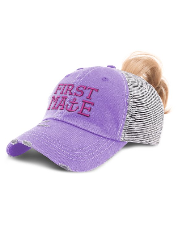 Ponytail Cap Women's Baseball Cap Embroidered First Mate Boat Ship A Embroidery Sun Hat with Ponytail Hole High Pony Hat Cotton Lavender Design Only