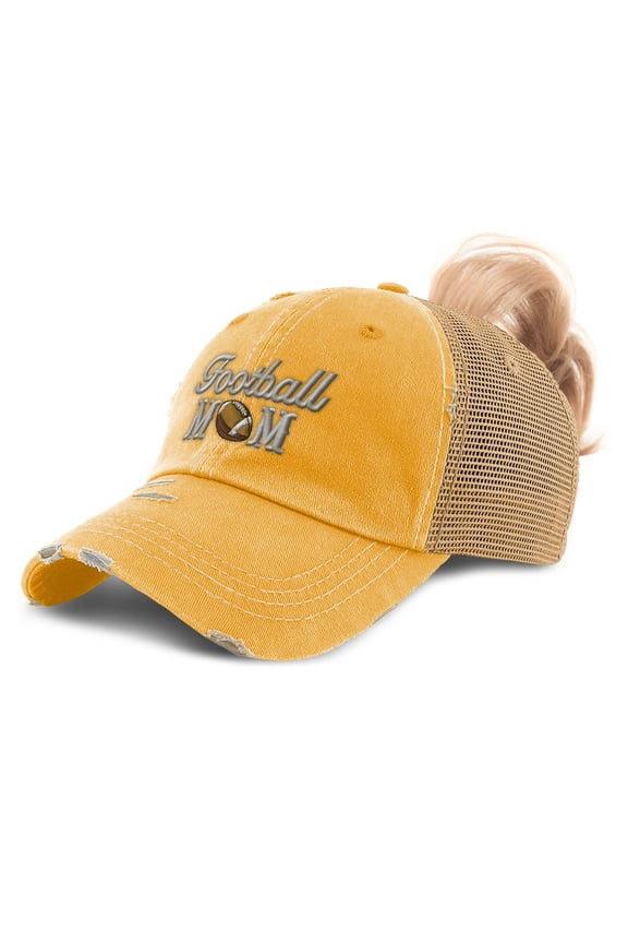 Ponytail Cap Women's Baseball Cap Embroidered Football Mom Mama Mother Sun Hat with Ponytail Hole High Pony Hat Cotton Mustard Design Only