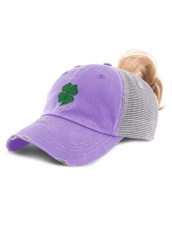 Ponytail Cap Women's Baseball Cap Embroidered Four Leaf Clover Ireland Irish St Patrick's Sun Hat with Ponytail Hole High Pony Hat Cotton Lavender Design Only