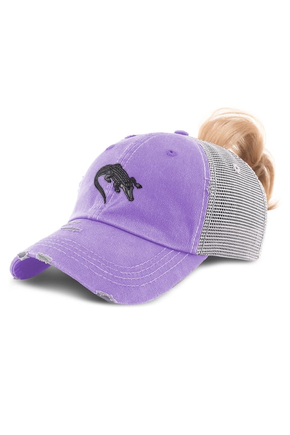 Ponytail Cap Women's Baseball Cap Embroidered Gator Florida Swamp Sun Hat with Ponytail Hole High Pony Hat Cotton Lavender Design Only