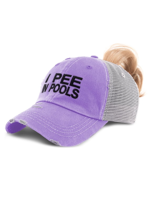 Ponytail Cap Women's Baseball Cap Embroidered I Pee in Pools A Sun Hat with Ponytail Hole High Pony Hat Cotton Lavender Design Only
