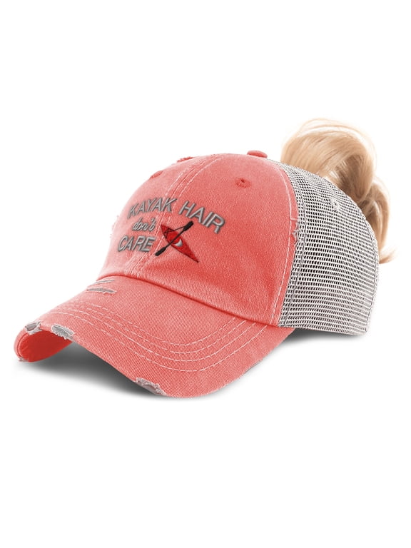 Ponytail Cap Women's Baseball Cap Embroidered Kayak Hair Don'T Care Sun Hat with Ponytail Hole High Pony Hat Cotton Coral Design Only
