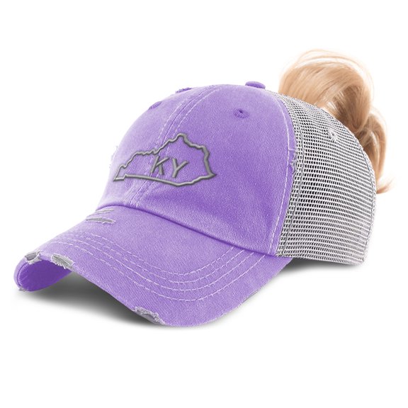 Ponytail Cap Women's Baseball Cap Embroidered Kentucky State Map Ky Embroidery Sun Hat with Ponytail Hole High Pony Hat Cotton Lavender Design Only