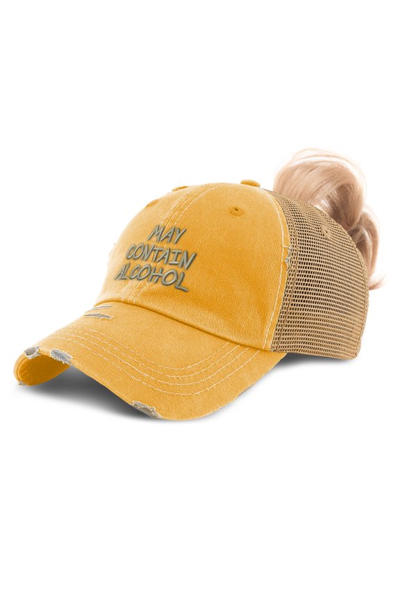 Ponytail Cap Women's Baseball Cap Embroidered May Contain Alcohol Embroidery Sun Hat with Ponytail Hole High Pony Hat Cotton Mustard Design Only