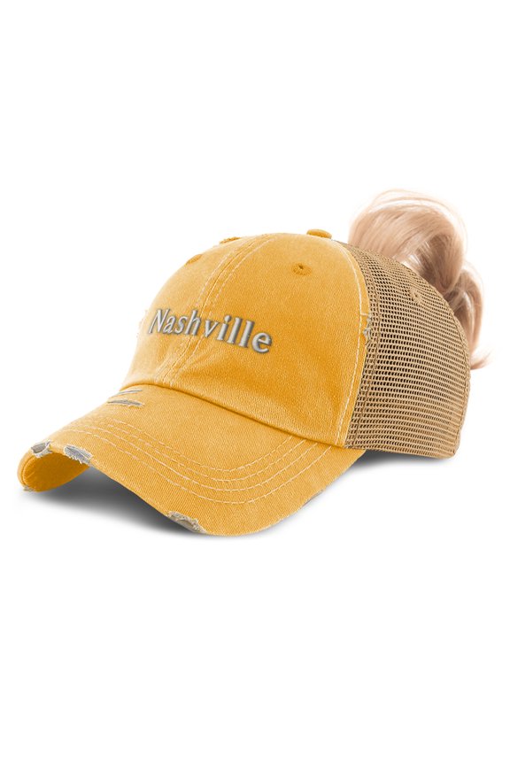 Ponytail Cap Women's Baseball Cap Embroidered Nashville Sun Hat with Ponytail Hole High Pony Hat Cotton Mustard Design Only