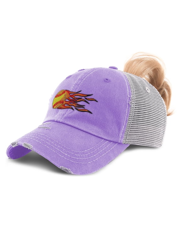 Ponytail Cap Women's Baseball Cap Embroidered Sport Softball Flaming Embroidery Sun Hat with Ponytail Hole High Pony Hat Cotton Lavender Design Only