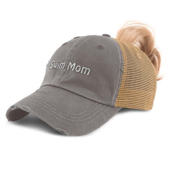 Ponytail Cap Women's Baseball Cap Embroidered Swim Mom Swimming Mother Mama Sun Hat with Ponytail Hole High Pony Hat Cotton Grey Tan Design Only