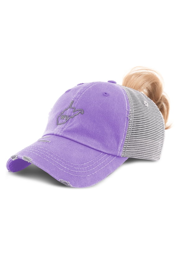 Ponytail Cap Women's Baseball Cap Embroidered West Virginia State Map Wv Embroidery Sun Hat with Ponytail Hole High Pony Hat Cotton Lavender Design Only