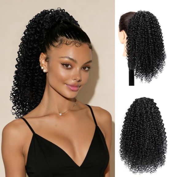 Ponytail Extension 14 Inch Long Afro Curly Ponytails Drawstring Ponytail for Black Women, Pony Tails Hair Extensions Synthetic Hairpiece for Daily Use (Black)