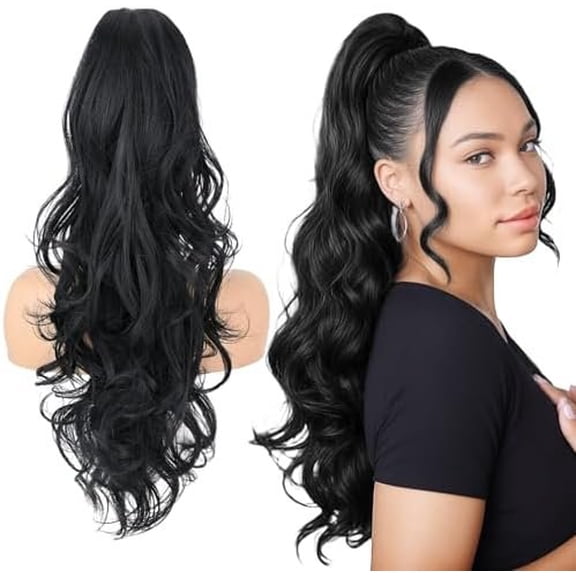 Ponytail Extension, 24" Claw Clip in Ponytail Extensions Synthetic Hairpiece Long Curly Wavy Layered Hair Extension Jaw Clip Pony Tails for Women Black