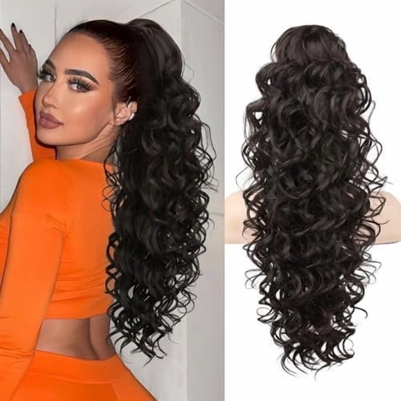 Ponytail Extension, 24" Long Wavy Curly Claw Clip Hair Extensions Ponytail Multi-layered Clip in Pony Tails Soft Synthetic Hairpiece Black Brown