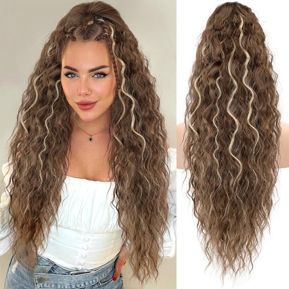 Ponytail Extension 30 Inch Drawstring Pony Tails Hair Extensions for Women Long Curly Ponytail Synthetic Hairpieces for Daily Use( Light Brown mix Light Blonde)