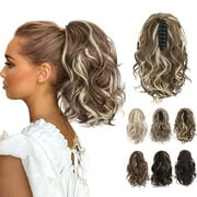 Ponytail Extension, Claw Clip in Ponytail Hair Extensions 10 Inch Short Curly Ponytail Natural Wavy Synthetic Hairpiece for Women Daily Use - Chestnut Brown with Beach Blonde Highlights