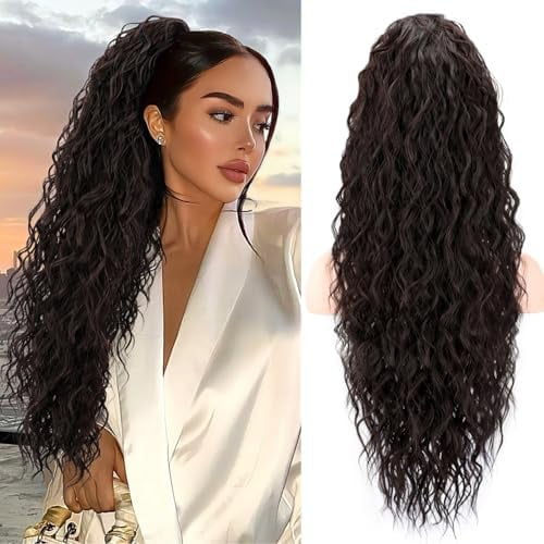 Ponytail Extension, Claw Clip Ponytail Extension 26 Inch Long Dark Brown Curly Clip in Pony Tails Hair Extensions Synthetic Layered Fluffy Hairpieces for Women