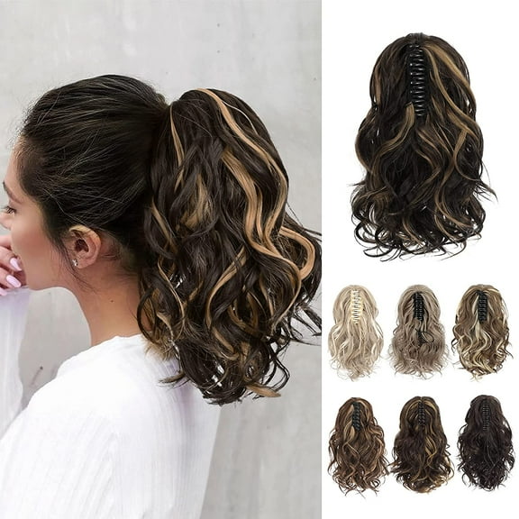 Ponytail Extension, Claw Clip in Ponytail Hair Extensions 10 Inch Short Curly Ponytail Natural Wavy Synthetic Hairpiece for Women Daily Use - Black Brown with Light Blonde Highlights