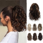Ponytail Extension, Claw Clip in Ponytail Hair Extensions 10 Inch Short Curly Ponytail Natural Wavy Synthetic Hairpiece for Women Daily Use - Black Brown with highlights