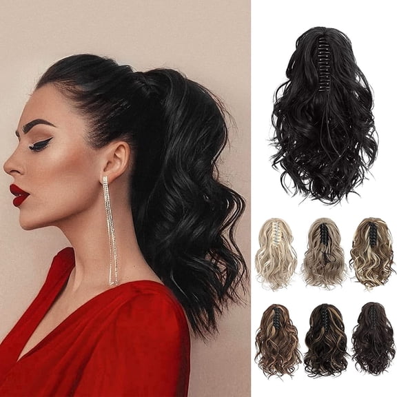 Ponytail Extension, Claw Clip in Ponytail Hair Extensions 10 Inch Short Curly Ponytail Natural Wavy Synthetic Hairpiece for Women Daily Use - Natural Black