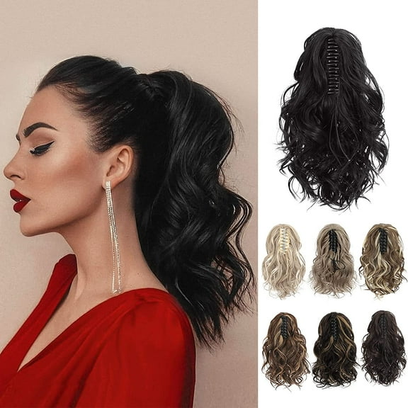 Ponytail Extension, Claw Clip in Ponytail Hair Extensions 10 Inch Short Curly Ponytail Natural Wavy Synthetic Hairpiece for Women Daily Use - Natural Black