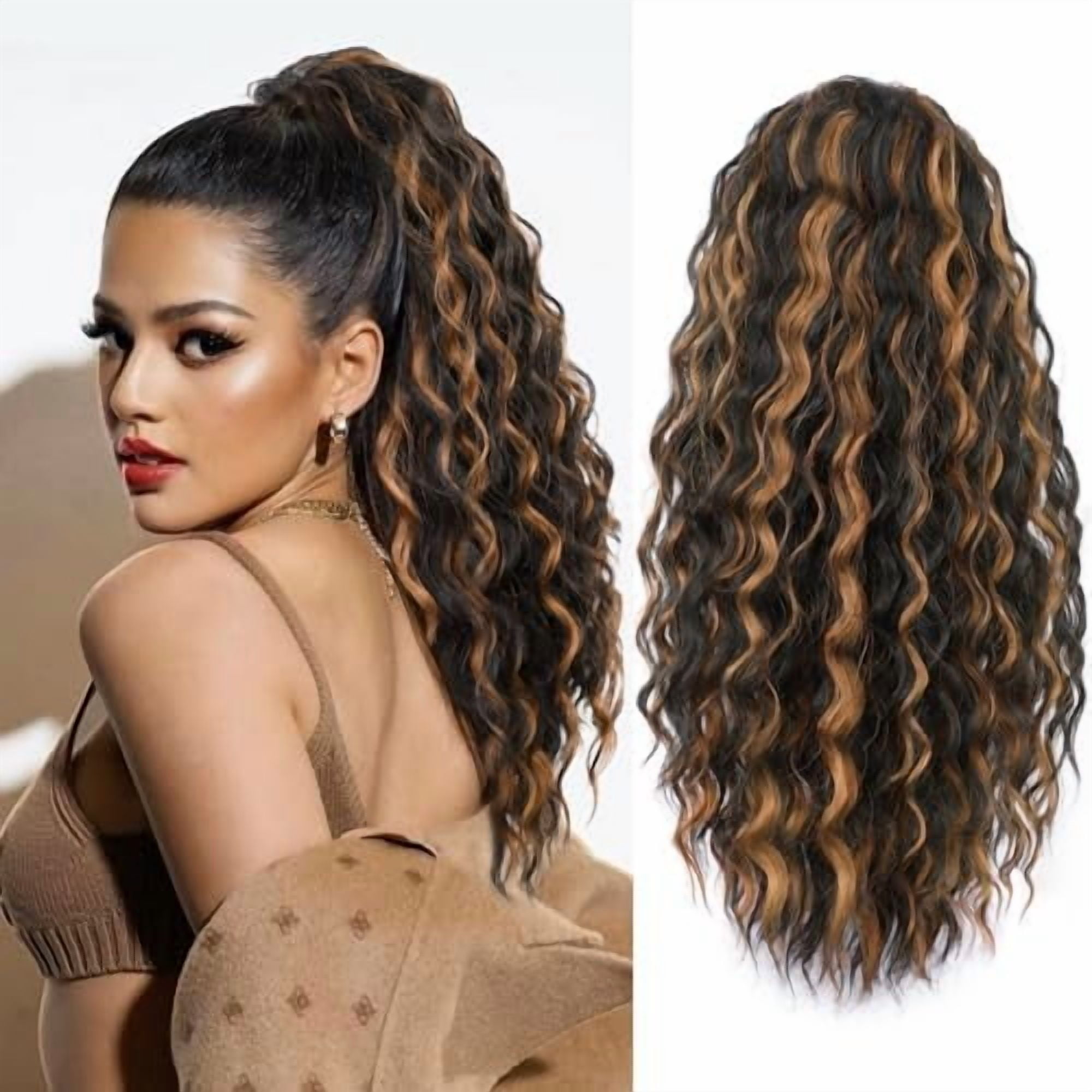 Ponytail Extension,Curly Drawstring Ponytail Synthetic Hair Ponytail Extension for Black Women 20Inch Long Curly Wavy Synthetic Ponytails Hair Extensions