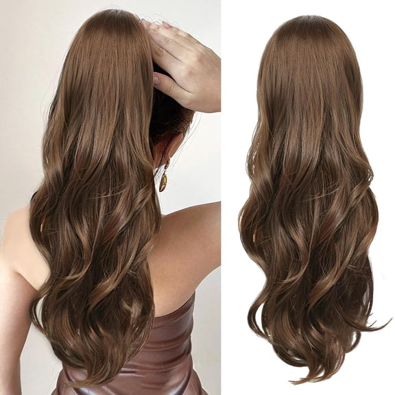 Ponytail Extension, Drawstring Ponytail Extension for Women 23 Inch Long Wavy Light Brown Pony Tails Hair Extensions Synthetic Clip in Ponytail Hairpiece for Women