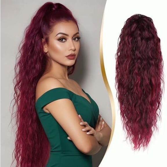 Ponytail Extensions, Ombre Burgundy Claw Long Wavy Pony Tail, 30 Inch Curly Clip in Hair Extensions,  Looking Fluffy Synthetic Hairpieces for Women Daily Use