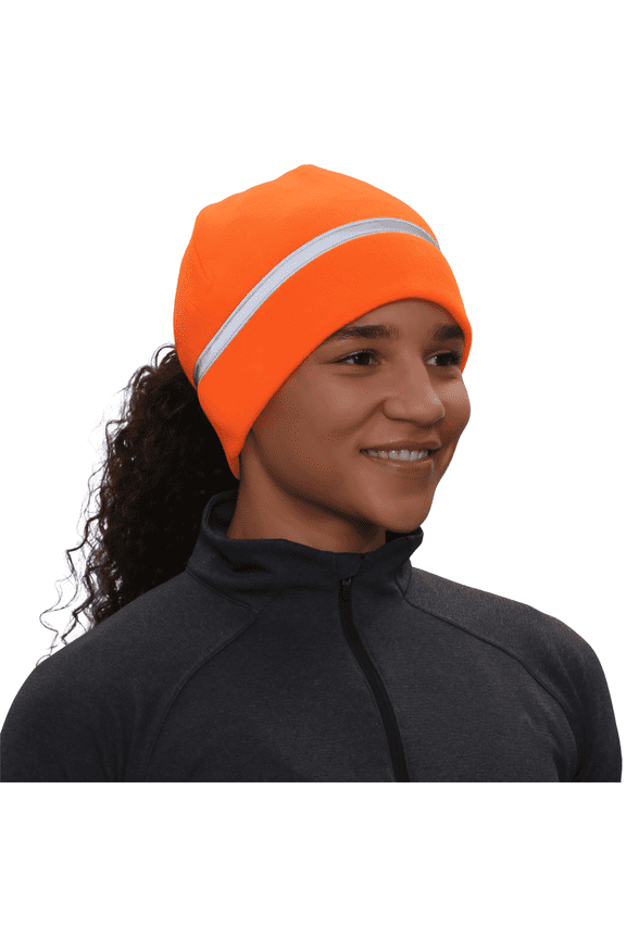 Ponytail Hat - Reflective Winter Running Beanie - Hunter Orange