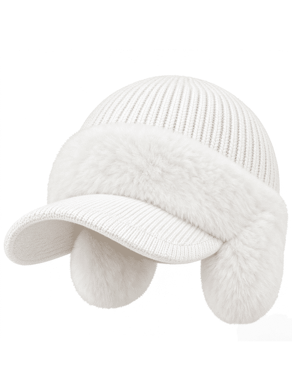 Ponytail Knit Beanie with Brim & Ear Flaps, Soft Plush Lined Winter Visor Hat, Warm Stretchy Knitted Cap for Outdoor Walking, Commuting & Cold Weather Daily Wear
