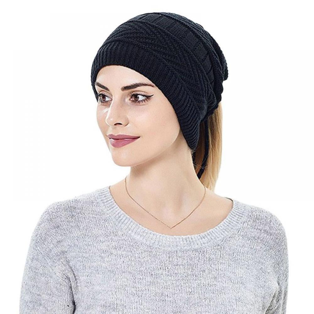 Ponytail Messy Bun BeanieTail Women's Beanie Solid Ribbed Hat Cap,Soft