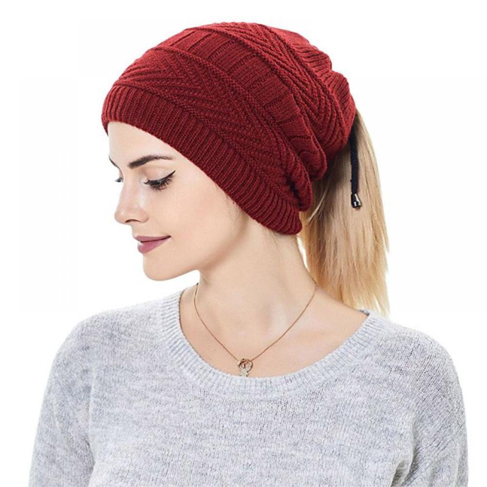 Ponytail Messy Bun BeanieTail Women's Beanie Solid Ribbed Hat Cap,Soft