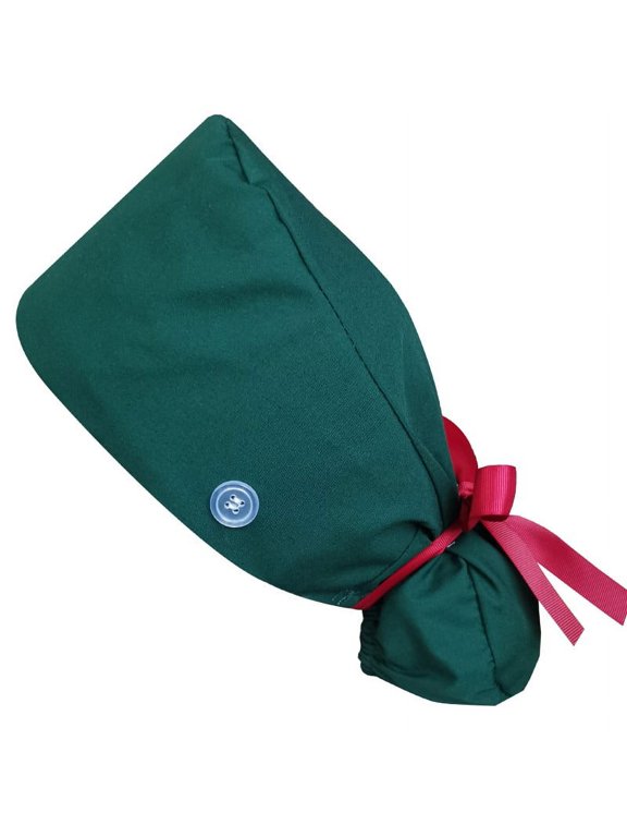 Ponytail Scrub Caps Women with Button, Satin Lined Nurse Caps for Women, Breathable & Adjustable Green