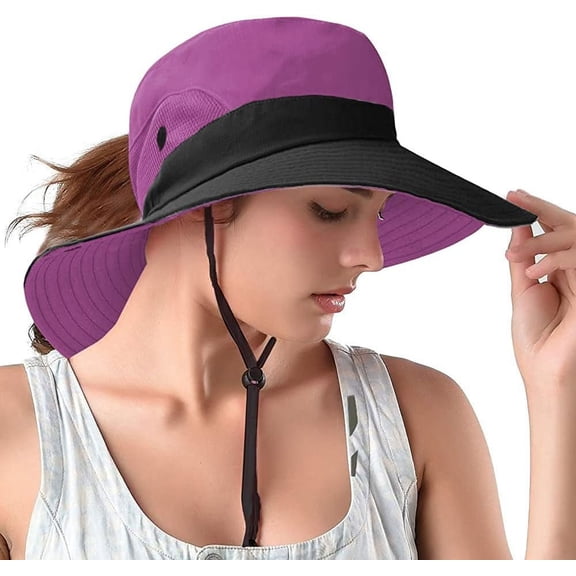 Ponytail Sun Bucket Hats for Women UV Protection Foldable Mesh Wide Brim Hiking Beach Fishing Summer Safari