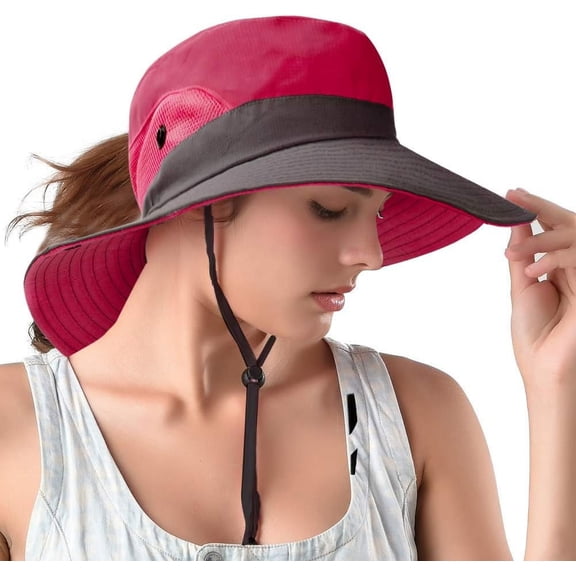 Ponytail Sun Bucket Hats for Women UV Protection Foldable Mesh Wide Brim Hiking Beach Fishing Summer Safari