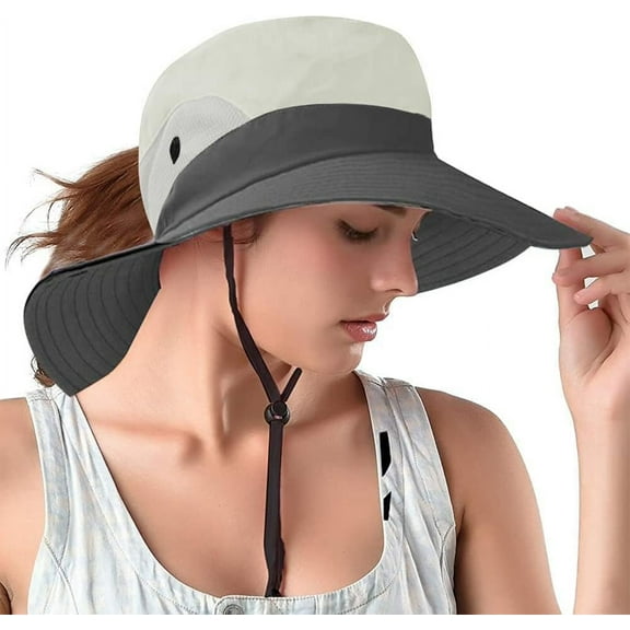 Ponytail Sun Bucket Hats for Women UV Protection Foldable Mesh Wide Brim Hiking Beach Fishing Summer Safari