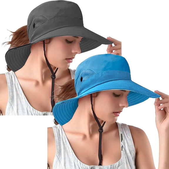 Ponytail Sun Bucket Hats for Women UV Protection Foldable Mesh Wide Brim Hiking Beach Fishing Summer Safari