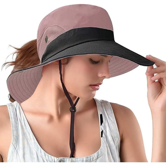 Ponytail Sun Bucket Hats for Women UV Protection Foldable Mesh Wide Brim Hiking Beach Fishing Summer Safari
