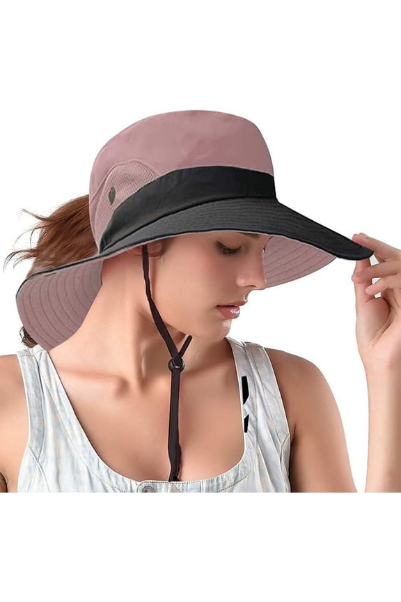 Ponytail Sun Bucket Hats for Women UV Protection Foldable Mesh Wide Brim Hiking Beach Fishing Summer Safari