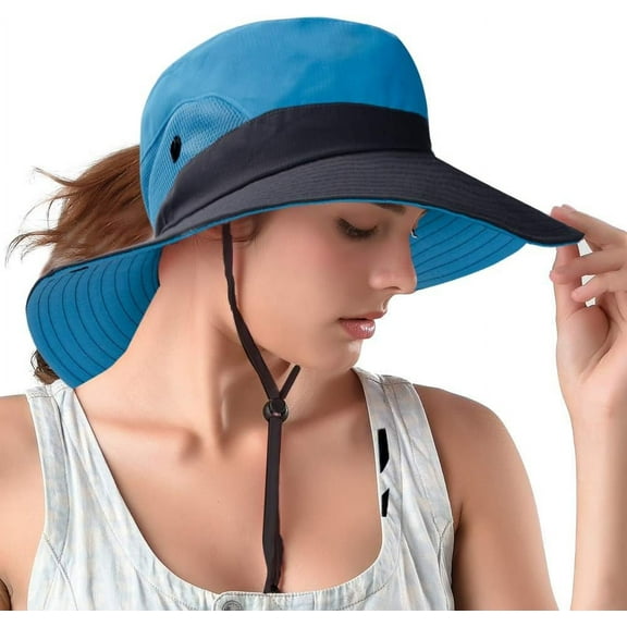 Ponytail Sun Bucket Hats for Women UV Protection Foldable Mesh Wide Brim Hiking Beach Fishing Summer Safari