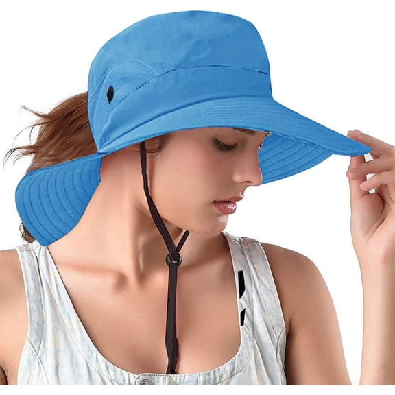Ponytail Sun Bucket Hats for Women UV Protection Foldable Mesh Wide Brim Hiking Beach Fishing Summer Safari