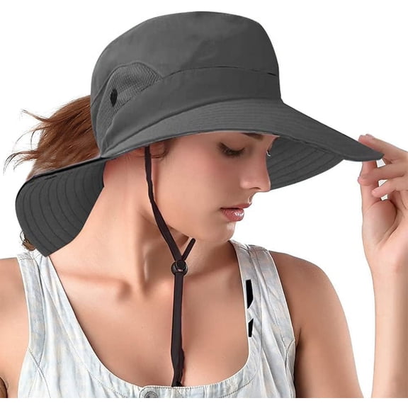 Ponytail Sun Bucket Hats for Women UV Protection Foldable Mesh Wide Brim Hiking Beach Fishing Summer Safari
