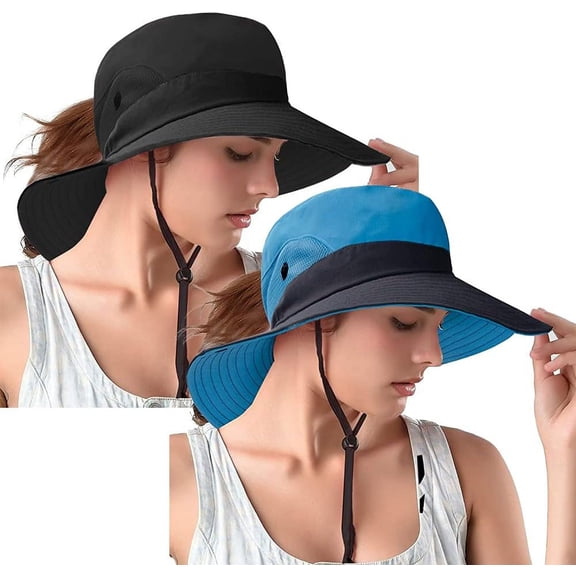 Ponytail Sun Bucket Hats for Women UV Protection Foldable Mesh Wide Brim Hiking Beach Fishing Summer Safari
