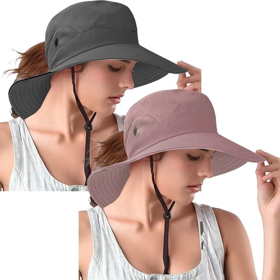 Ponytail Sun Bucket Hats for Women UV Protection Foldable Mesh Wide Brim Hiking Beach Fishing Summer Safari