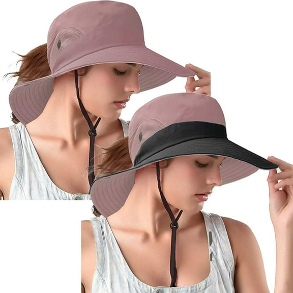 Ponytail Sun Bucket Hats for Women UV Protection Foldable Mesh Wide Brim Hiking Beach Fishing Summer Safari