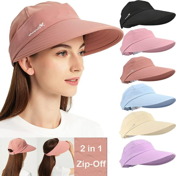 Ponytail Sun Hats for Women, 2 in 1 Zip-Off Uv Protection Wide Brim Beach Hat Sun Visors