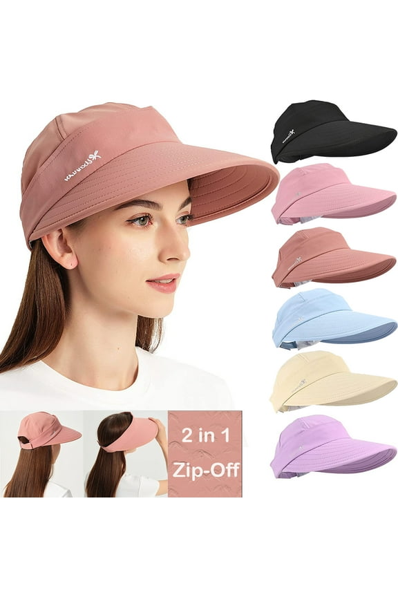 Ponytail Sun Hats for Women, 2 in 1 Zip-Off Uv Protection Wide Brim Beach Hat Sun Visors