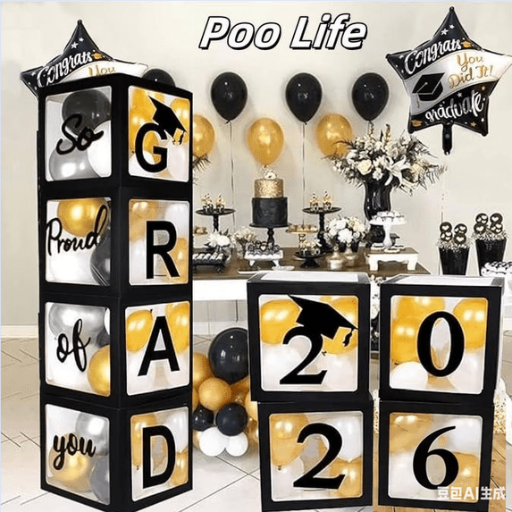Poo Life 2026 Graduation Party Decoration 4 Black Balloon Boxes with Letters 2026 Grad & So Proud of You Graduation Decorations 2026