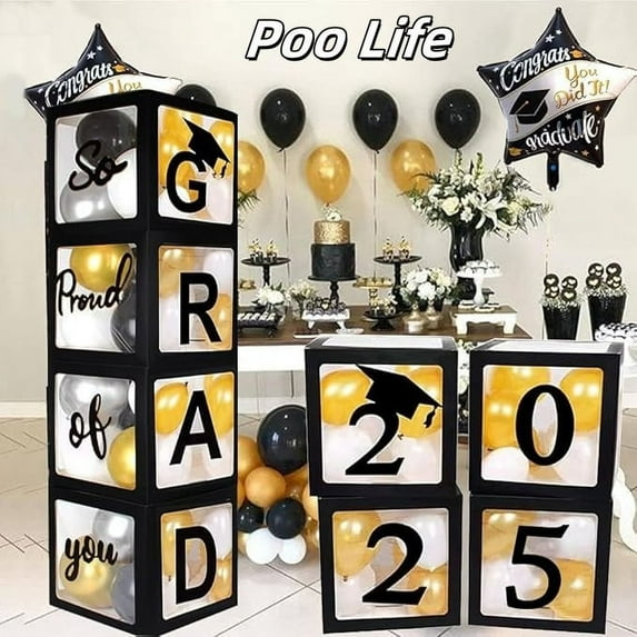 Poo Life 2025 Graduation Party Decoration 4 Black Balloon Boxes with Letters 2025 Grad & So Proud of You Graduation Decorations 2025
