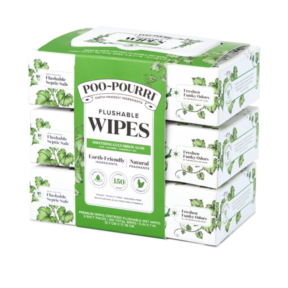 Poo~Pourri Flushable Wipes, Cucumber Aloe, 3-Pack 150ct