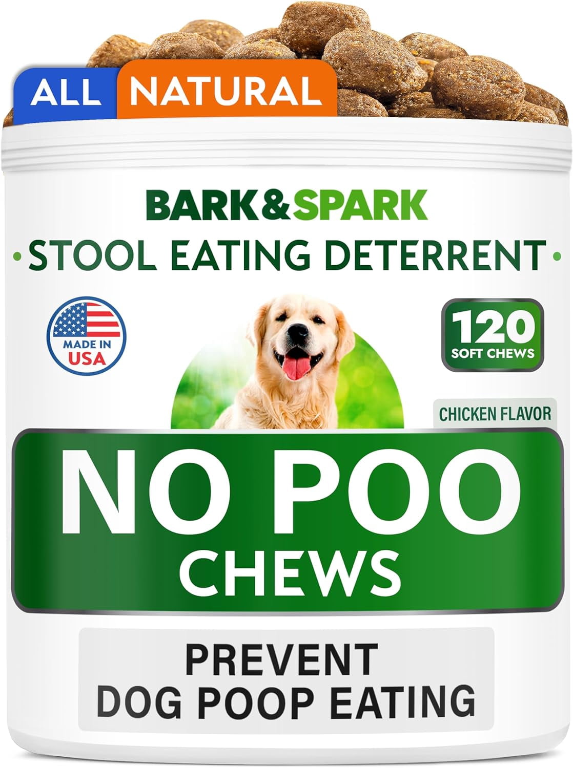 Bark&Spark Coprophagia Deterrent Chews for Dogs - Stop Poop Eating - Probiotics, Enzymes & Digestive Health - Chicken (120 ct)