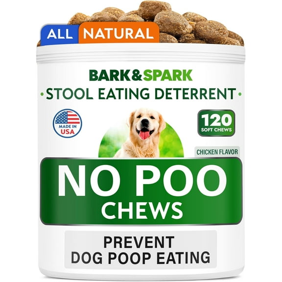 BARK&SPARK NO Poo Treats - Prevent Dog Poop Eating - Coprophagia Treatment - Stool Eating Deterrent - Probiotics & Enzymes - Digestive Health + Breath Aid - Made in USA - (120 Ct - Chicken)