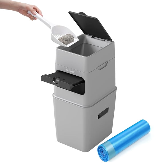 PooGuard Litter Disposal Bin, 9.2L Trash Can for Cat Litter, Dog Waste & Diapers, with Viewing Window, Wider Opening, and 4-Month Refill Bag (Grey)